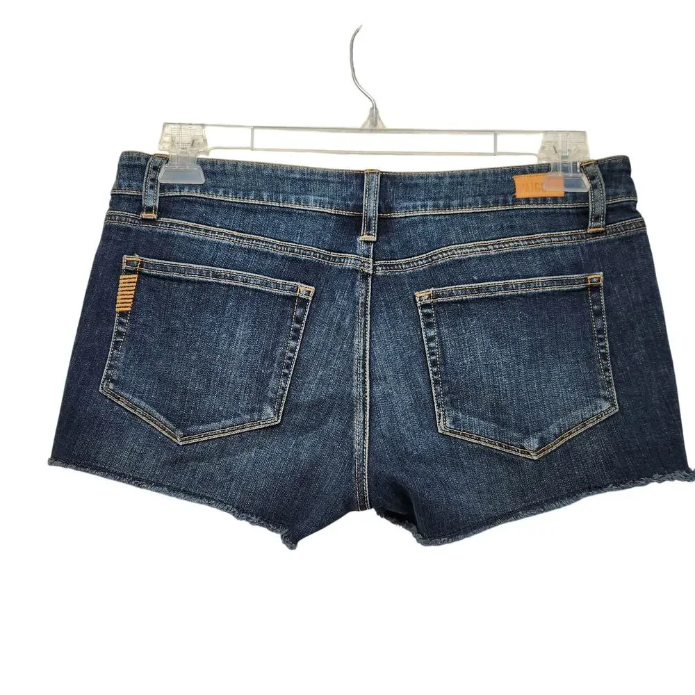 Paige Catalina Mid Rise Blue Denim Jean‎ Frayed Hem Cutoff Shorts Women's 28